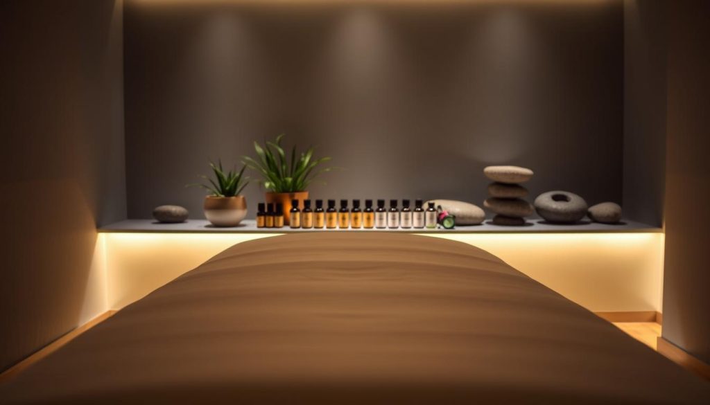 A serene, dimly lit massage room at Atlantis Istanbul Spa, with soft ambient lighting and a calming atmosphere. In the foreground, a plush massage table awaits, its crisp white linens and warm, inviting texture. In the middle ground, an array of essential oils and massage tools are neatly arranged, their labels obscured to maintain the personalized experience. The background features tranquil, natural elements like potted plants and smooth, river-worn stones, creating a sense of seclusion and relaxation. The overall mood is one of rejuvenation and escape from the stresses of daily life, inviting the viewer to indulge in a tailored massage program at Atlantis Istanbul.