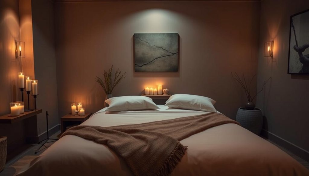 A serene, dimly lit massage room with a warm, inviting atmosphere. Soft, ambient lighting creates a cozy, romantic ambiance, casting a gentle glow on the plush, king-sized bed draped in luxurious linens. Soothing aromatherapy candles flicker, filling the air with calming, earthy scents. Plush, oversized pillows and a cozy throw blanket adorn the bed, inviting couples to sink into a state of pure relaxation. The walls are adorned with subtle, abstract artwork, adding a touch of elegance to the space. A tranquil, trickling water feature provides a serene, natural soundtrack, further enhancing the tranquil, sensual mood.
