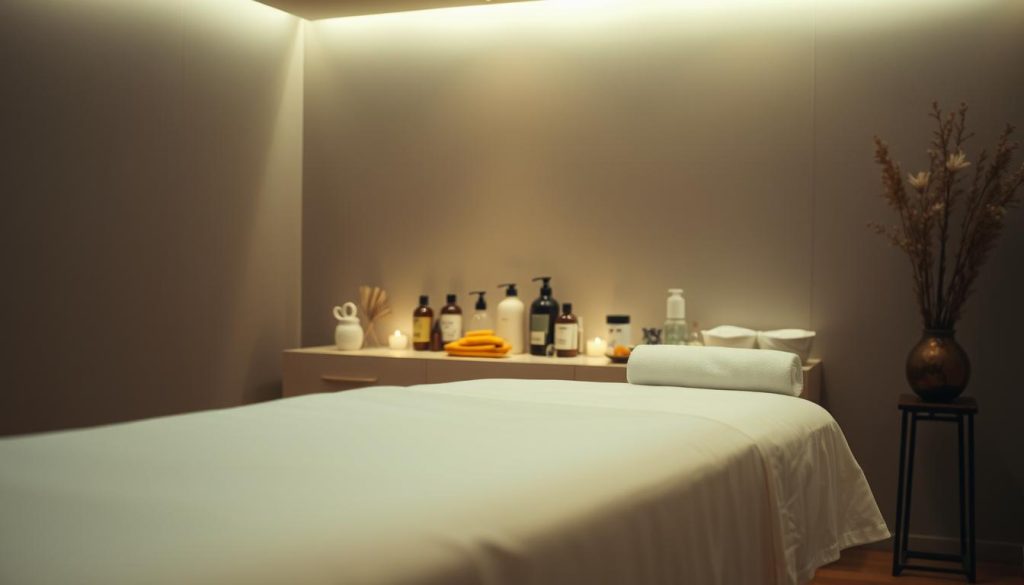 A serene, dimly lit massage studio in Istanbul, with soft lighting illuminating the space. In the foreground, a massage table is adorned with crisp white linens, ready for a therapeutic session. In the middle ground, various massage oils and tools are neatly arranged, hinting at the specialized techniques to be employed. The background features muted, earthy tones, creating a calming and restorative atmosphere. The image conveys a sense of tranquility and professionalism, perfectly capturing the essence of medical massage practices in Istanbul.