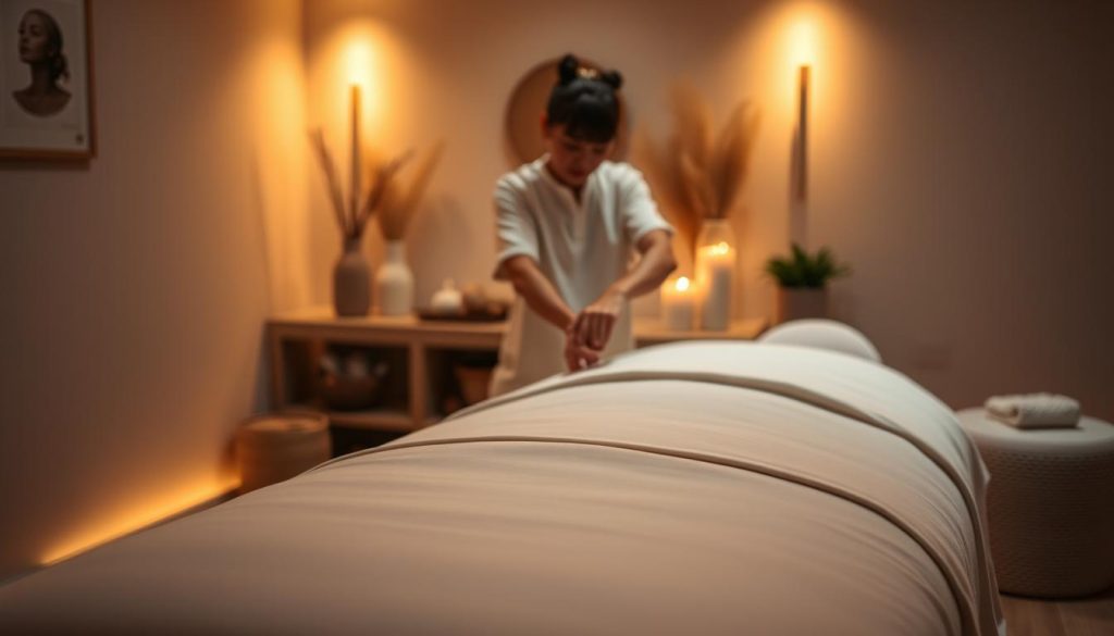 A serene, dimly lit massage studio in Istanbul, with soft, warm lighting casting a tranquil glow. The foreground features a plush massage table draped in crisp white linens, while in the middle ground, a skilled masseuse's hands gently knead and soothe the muscles of a client. The background showcases a calming, minimalist decor with neutral tones, natural textures, and a hint of greenery, creating a peaceful, spa-like ambiance. The entire scene evokes a sense of relaxation, rejuvenation, and the therapeutic power of professional touch.