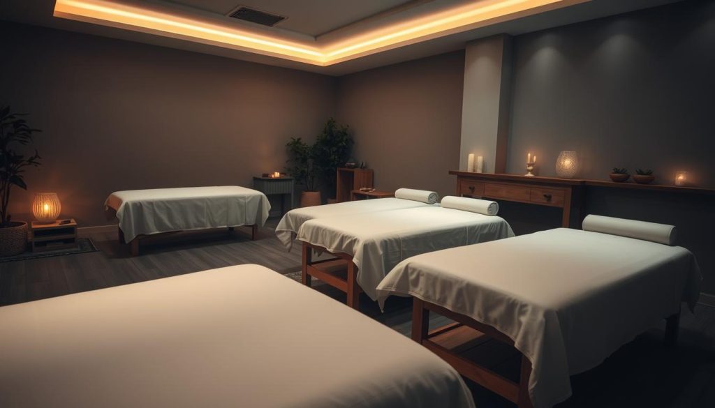 A serene, dimly lit massage studio nestled in Avrupa Yakası, with soothing ambient lighting casting a warm glow across the tranquil space. Plush massage tables draped in crisp, white linens are positioned throughout the room, inviting patrons to indulge in a variety of therapeutic massage techniques. Wooden accent pieces and natural foliage create a calming, spa-like atmosphere, while the muted color palette and soft textures evoke a sense of relaxation. The camera captures the scene from a low angle, showcasing the harmonious interplay of light, texture, and form that characterizes the massage experiences offered in this Avrupa Yakası establishment.