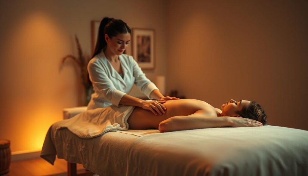 A serene, dimly lit massage studio with warm, diffused lighting casting a calming ambiance. In the foreground, a skilled massage therapist, dressed in crisp white linens, performs a soothing full-body massage on a relaxed client lying on a plush, cushioned table. The therapist's hands move with precise, flowing motions, conveying a sense of professionalism and expertise. The background features subtle, minimalist decor - perhaps a few plants, calming artwork, and muted tones that create a tranquil, rejuvenating atmosphere. The overall scene exudes a high level of care, comfort, and therapeutic expertise.