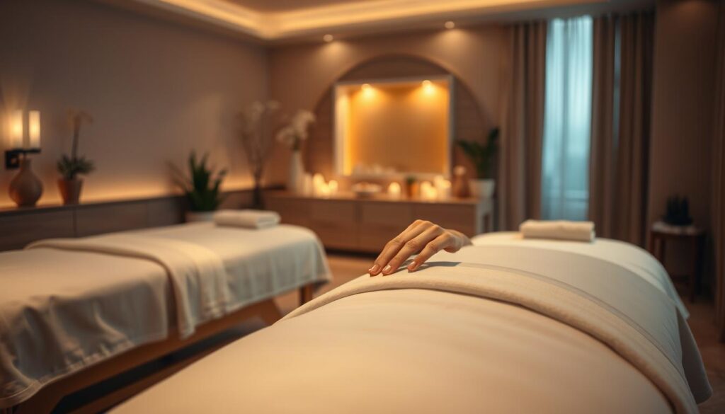A serene, dimly lit massage therapy room in Istanbul's Aksaray district, featuring plush, inviting massage tables draped with soft, luxurious linens. Warm, indirect lighting casts a calming glow, while delicate potted plants and subtle aromatherapy create a soothing, spa-like atmosphere. In the foreground, a professional massage therapist's hands gently kneading and manipulating the muscles of a client, their technique precise and intuitive. The middle ground showcases the room's elegant, minimalist decor, with natural wood accents and neutral tones. The background blurs into a serene, out-of-focus scene, conveying a sense of tranquility and escape.