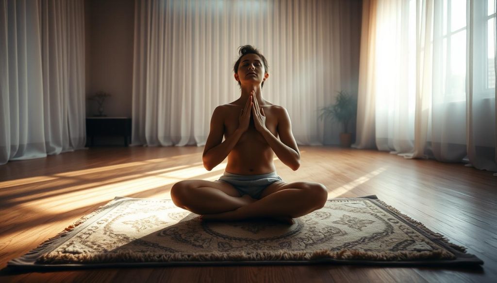A serene, dimly lit room filled with soft, natural light filtering through sheer curtains. In the center, a person sits cross-legged on a plush, patterned mat, palms resting gently on their knees. They are engaged in a deep, meditative breathing exercise, exhaling slowly and deliberately, their chest rising and falling in a calming rhythm. The atmosphere is one of tranquility and inner peace, with the subtle scent of incense lingering in the air. The camera captures this moment from a low, slightly elevated angle, emphasizing the sense of focus and stillness.