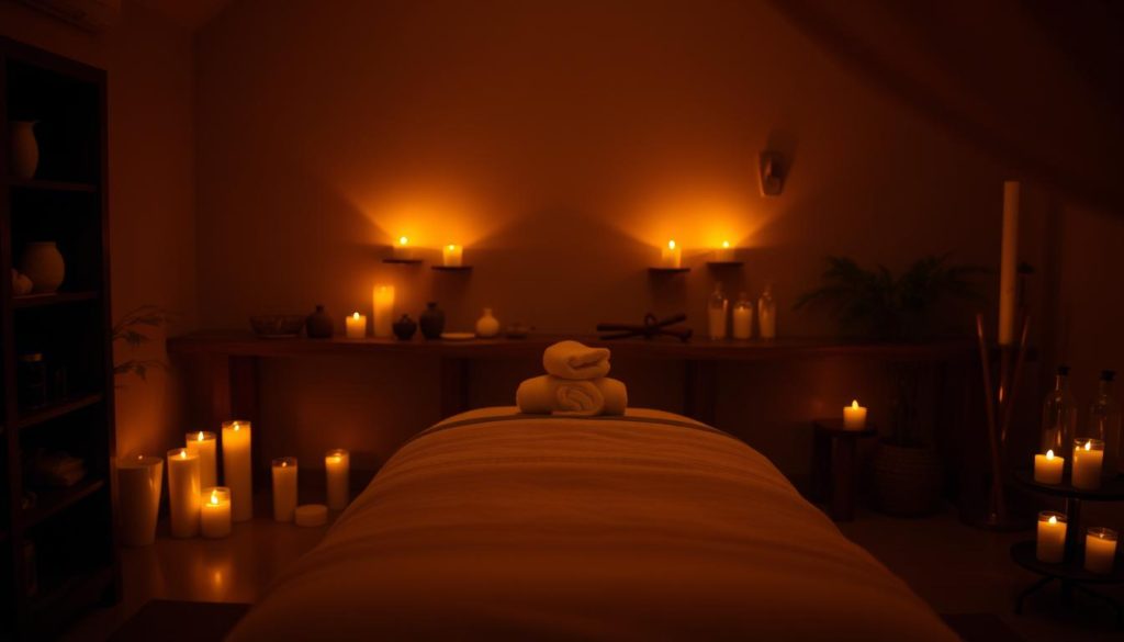 A serene, dimly-lit room, filled with the gentle glow of candlelight. The air is heavy with the soothing aromas of essential oils, creating a meditative atmosphere. In the center, a plush massage table awaits, its soft fabric inviting touch. Nearby, a selection of natural, organic massage oils and tools are neatly arranged, each element a testament to the care and attention put into this intimate experience. The room is bathed in a warm, golden hue, casting a comforting glow and evoking a sense of tranquility. Shadows dance across the walls, creating a soothing rhythm that echoes the gentle movements of the masseuse. This is a sanctuary of solace, where the senses are indulged, and the soul is nourished.
