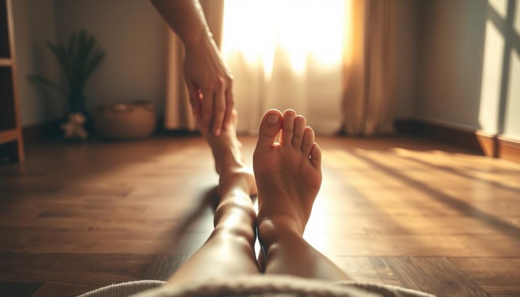 A serene, dimly lit room with a wooden floor and soothing natural tones. In the center, a person's feet are being gently massaged by skilled hands, highlighting the art of reflexology. The lighting is soft and warm, creating a calming atmosphere. The perspective is from slightly above, capturing the tranquil scene of the foot massage in progress. The focus is on the hands and feet, with the background blurred to emphasize the intimate, therapeutic moment. The image conveys a sense of balance, relaxation, and improved circulation. A serene, dimly lit room with a wooden floor and soothing natural tones. In the center, a person's feet are being gently massaged by skilled hands, highlighting the art of reflexology. The lighting is soft and warm, creating a calming atmosphere. The perspective is from slightly above, capturing the tranquil scene of the foot massage in progress. The focus is on the hands and feet, with the background blurred to emphasize the intimate, therapeutic moment. The image conveys a sense of balance, relaxation, and improved circulation.