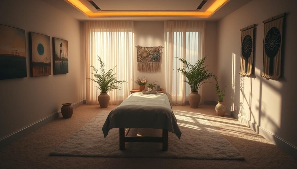 A serene, dimly lit room with plush carpets and soft lighting, creating a tranquil, spa-like ambiance. In the center, a massage table with crisp white linens, surrounded by lush greenery and delicate floral arrangements. The walls adorned with abstract paintings and calming wall hangings, conveying a sense of harmony and healing. Gentle rays of light filter through sheer curtains, casting a warm glow on the scene. The atmosphere is one of deep relaxation and introspection, inviting the viewer to immerse themselves in the restorative philosophy of masöz terapi.