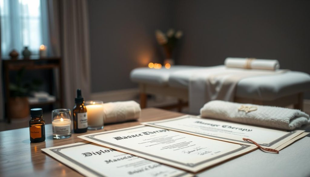 A serene, dimly lit room with soft lighting and a calming, meditative atmosphere. On a table in the foreground, a set of massage therapy certificates and diplomas are neatly arranged, their edges slightly worn, conveying a sense of expertise and experience. The certificates are positioned alongside essential oils, scented candles, and a plush towel, creating a soothing and professional ambiance. In the middle ground, a massage table is visible, its clean, crisp linens inviting the viewer to imagine the rejuvenating experience of a massage therapy session. The background is blurred, allowing the viewer to focus on the essential elements of the massage therapy practice.