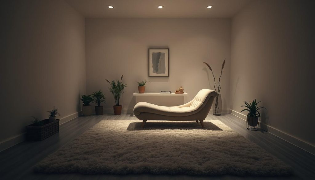 A serene, dimly lit room with soft lighting and a plush, inviting chaise longue in the center. The atmosphere exudes a sense of tranquility and introspection. The space is adorned with subtle, minimalist decor, such as a few potted plants and a delicate piece of artwork on the wall. The floor is covered in a luxurious, thick-pile rug, and the walls are painted in a soothing, muted color palette. The overall scene conveys a sense of retreat, self-reflection, and the rejuvenation of the senses.