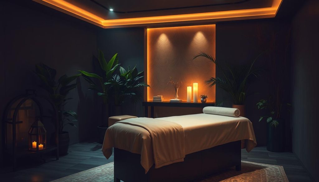 A serene, dimly-lit room with soft, warm lighting, featuring a luxurious massage table draped in plush fabrics. Lush, verdant plants adorn the space, creating a calming, spa-like atmosphere. The massage table is positioned prominently, inviting the viewer to imagine the soothing, rejuvenating experience of a professional, specialized massage in the heart of Istanbul. The scene evokes a sense of tranquility, indulgence, and personalized care, reflecting the boutique massage services described in the article.