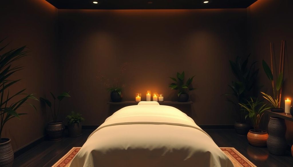 A serene, dimly lit room with soft, warm lighting. In the center, a plush massage table draped with crisp white linens. Lush potted plants and bamboo accents line the walls, creating a tranquil, spa-like atmosphere. Delicate scents of essential oils linger in the air, setting the stage for a restorative Swedish massage experience. Smooth, skilled hands gently kneading and soothing muscles, melting away tension and stress. A peaceful sanctuary amidst the bustling city of Istanbul, where the art of healing through touch is celebrated.