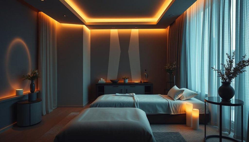 A serene, dimly lit room with warm ambient lighting, showcasing the elegant and sophisticated interiors of a boutique massage studio nestled in the heart of a prestigious neighborhood in Istanbul. The space features luxurious fabrics, plush furnishings, and minimalist decor that create a tranquil, restorative atmosphere, inviting guests to escape the bustling city. Soft shadows cast by the indirect lighting accentuate the textures and contours of the carefully curated design elements, evoking a sense of refined luxury and relaxation. The image conveys a calming, meditative mood, reflecting the sanctuary-like experience of these hidden wellness oases within Istanbul's vibrant urban landscape.