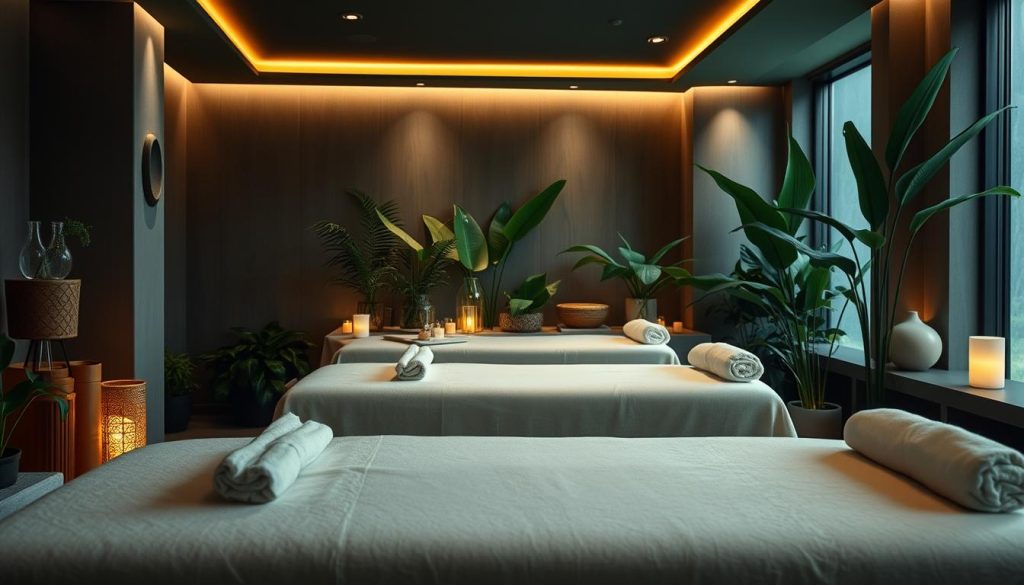 A serene, dimly lit spa interior with plush massage tables, soft lighting, and soothing decor. Lush, verdant plants and natural elements create a tranquil, rejuvenating atmosphere. The focus is on the massage tables, with neatly folded linens and calming, therapeutic-grade essential oil diffusers nearby. The space exudes a sense of relaxation and wellness, inviting the viewer to imagine the restorative Istanbul massage therapies on offer. The overall mood is one of calm, comfort, and holistic healing.