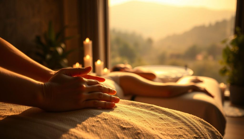 A serene, dimly lit spa-like setting, showcasing the tranquil effects of massage on the human body. The foreground features a close-up of hands gently kneading and manipulating soft, glowing skin, using soothing, long strokes. The middle ground reveals a person resting on a plush massage table, their face peaceful and relaxed, surrounded by calming aromatherapy candles and lush greenery. The background is a hazy, soft-focus landscape, evoking a sense of escape and renewal. Warm, golden lighting filters through the scene, creating a dreamlike, restorative atmosphere that captures the rejuvenating power of massage. A serene, dimly lit spa-like setting, showcasing the tranquil effects of massage on the human body. The foreground features a close-up of hands gently kneading and manipulating soft, glowing skin, using soothing, long strokes. The middle ground reveals a person resting on a plush massage table, their face peaceful and relaxed, surrounded by calming aromatherapy candles and lush greenery. The background is a hazy, soft-focus landscape, evoking a sense of escape and renewal. Warm, golden lighting filters through the scene, creating a dreamlike, restorative atmosphere that captures the rejuvenating power of massage.