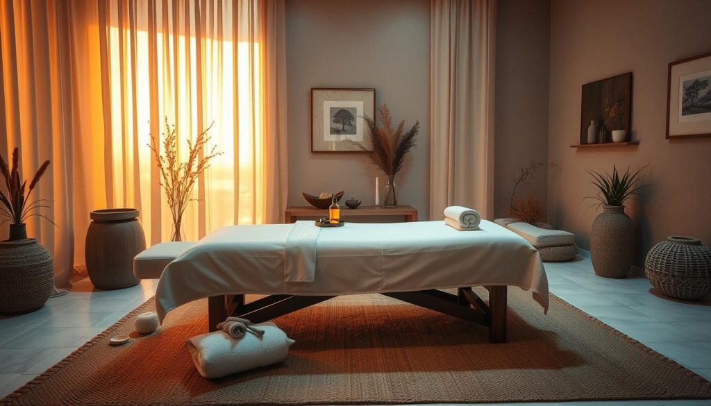 A serene, dimly lit spa room with warm, natural lighting filtering through sheer curtains. The focal point is a plush massage table, adorned with crisp white linens and an assortment of aromatherapy oils and massage tools. The walls are decorated with soothing, earthy-toned artwork and subtle plant life, creating a calming, zen-like atmosphere. The floor is covered in a soft, natural fiber rug, inviting visitors to sink into a state of deep relaxation. The overall scene exudes a sense of tranquility and rejuvenation, perfectly capturing the essence of the "İstanbul Anadolu Yakası Masözlerinden En Çok Tercih Edilen Masaj Teknikleri" section.