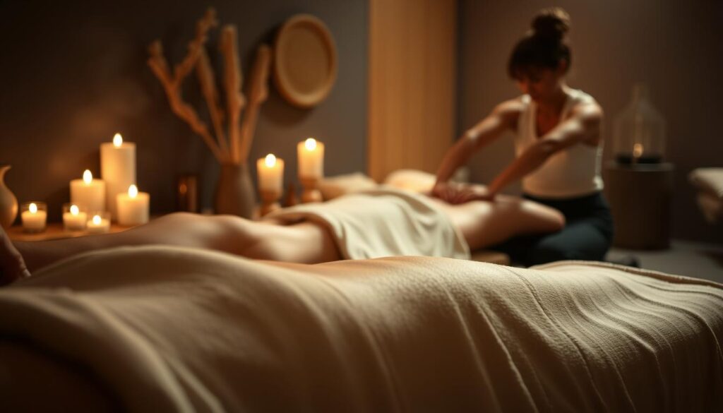 A serene, dimly lit spa setting showcasing various massage techniques. In the foreground, a soothing oil massage with long, fluid strokes. In the middle ground, a Thai-inspired stretching session, the therapist's hands gently guiding the client's limbs. The background features a tranquil scene of candles, aromatherapy diffusers, and plush, earthy textures, creating a calming atmosphere. The lighting is soft and diffused, casting a warm, inviting glow. The perspective is slightly elevated, allowing the viewer to observe the different massage modalities harmoniously coexisting in this therapeutic environment.