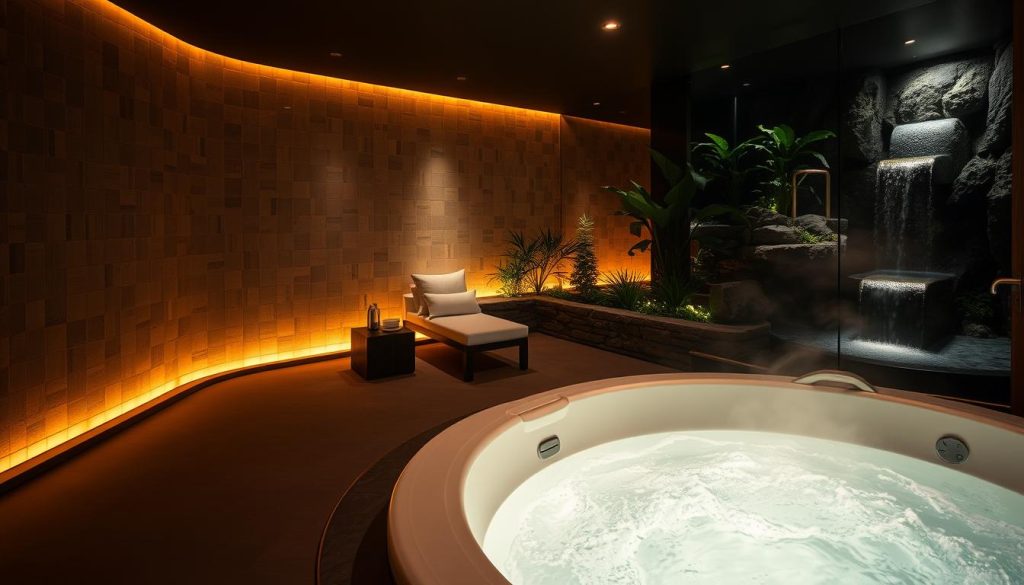 A serene, dimly lit spa wet area with a tranquil atmosphere. The camera captures a luxurious, tiled steam room, its walls adorned with soothing, warm lighting. In the foreground, a sleek, modern-style whirlpool tub sits invitingly, the water glistening with steam. The middle ground reveals plush, monochromatic lounge chairs, creating a cozy, relaxing space. The background showcases a serene, natural-inspired design, with lush greenery and a gentle waterfall feature, heightening the overall calming ambiance. This scene evokes a holistic spa experience, blending elements of water, heat, and nature to provide a truly indulgent and rejuvenating retreat.