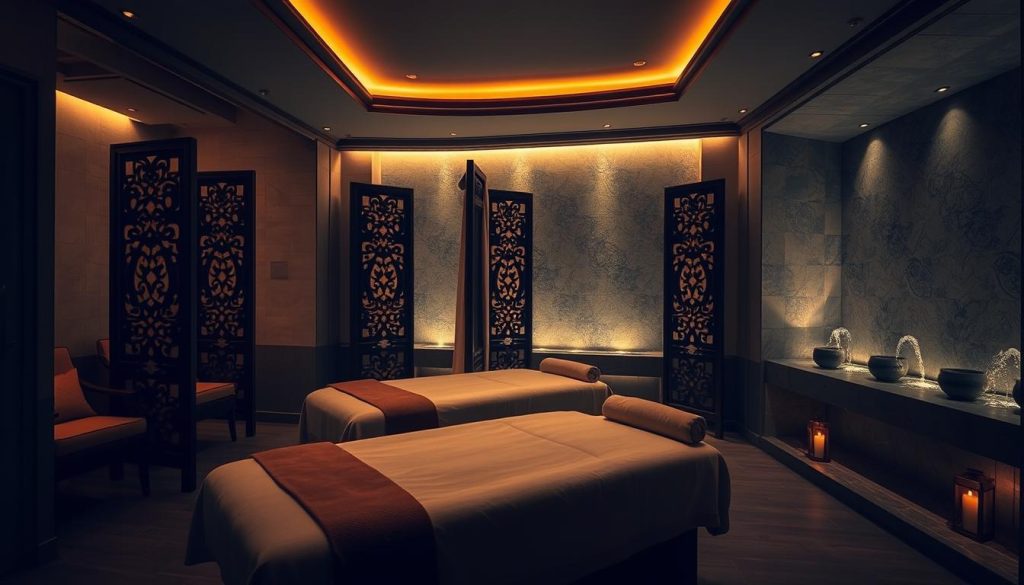 A serene, dimly lit wellness spa in Istanbul's historic district. Soft, warm lighting illuminates luxurious massage tables and plush, inviting fabrics. Ornate, carved wooden screens create intimate alcoves for individual treatments, while the distant sound of trickling water fountains evokes a sense of tranquility. The scene exudes an atmosphere of renewal and rejuvenation, with muted, earthy tones and the subtle aroma of soothing essential oils. A haven of mental and physical restoration, showcasing the unique wellness offerings found within the vibrant heart of Istanbul.