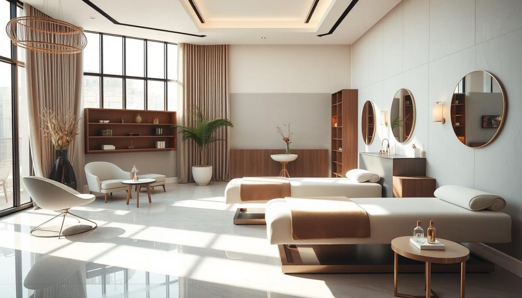 A serene, elegant spa and beauty salon setting in the heart of Istanbul, with a sophisticated and inviting atmosphere. The image showcases a modern, airy interior with natural light flooding through large windows, highlighting sleek, minimalist furnishings and calming color palettes. The scene features plush treatment tables, luxurious amenities, and carefully curated decor that evokes a sense of tranquility and relaxation. The overall impression is one of a high-end, well-appointed establishment that caters to the city's discerning clientele seeking wellness, pampering, and rejuvenation.