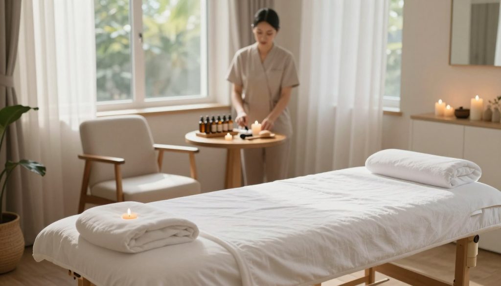 A serene, elegantly arranged therapy room with calming light tones and soft, natural lighting. In the foreground, a neatly made massage table adorned with fresh white linens and a few thoughtfully placed candles, exuding a sense of tranquility. In the middle ground, there is a professional therapist’s consultation area featuring a comfortable chair and a small wooden table, with a neatly organized display of oils and tools for massage therapy, suggesting professionalism and care. In the background, large windows allow gentle sunlight to filter through sheer curtains, creating a peaceful atmosphere filled with greenery from outside. The overall mood is relaxing and inviting, perfect for choosing a professional therapist and initiating communication. A serene, elegantly arranged therapy room with calming light tones and soft, natural lighting. In the foreground, a neatly made massage table adorned with fresh white linens and a few thoughtfully placed candles, exuding a sense of tranquility. In the middle ground, there is a professional therapist’s consultation area featuring a comfortable chair and a small wooden table, with a neatly organized display of oils and tools for massage therapy, suggesting professionalism and care. In the background, large windows allow gentle sunlight to filter through sheer curtains, creating a peaceful atmosphere filled with greenery from outside. The overall mood is relaxing and inviting, perfect for choosing a professional therapist and initiating communication.