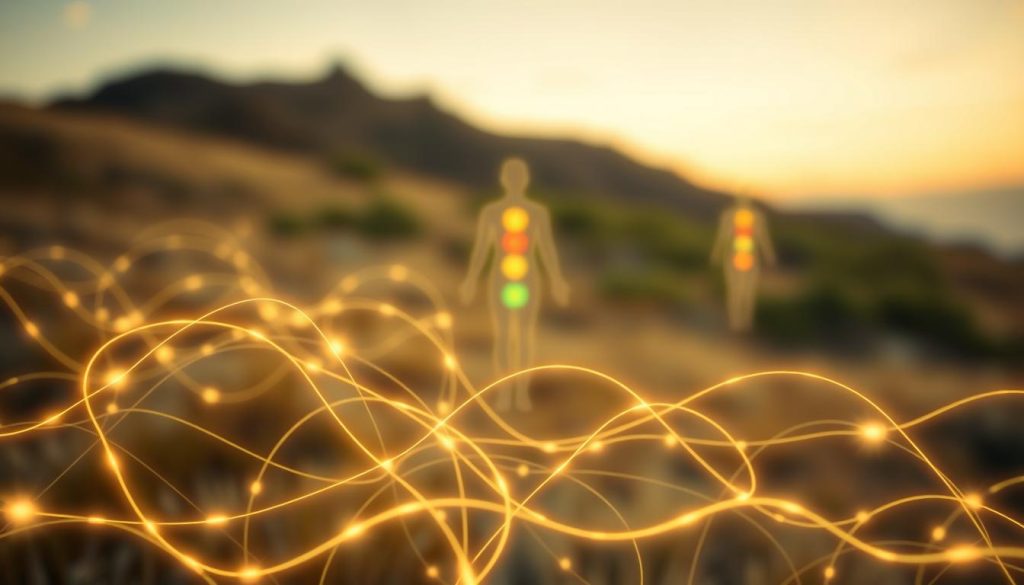 A serene, ethereal landscape depicting the flow of energy through the human body. In the foreground, a glowing network of luminous pathways intertwines, pulsing with a gentle, wavelike rhythm. The middle ground showcases a stylized anatomical representation of the body's meridians and chakras, their centers shimmering with vibrant, kaleidoscopic energy. The background features a softly blurred, natural setting, with hints of lush vegetation and a tranquil sky, conveying a sense of harmony and balance. The lighting is warm and diffused, creating a soothing, meditative atmosphere. Captured with a wide-angle lens, the composition emphasizes the interconnectedness of the body's energetic systems.