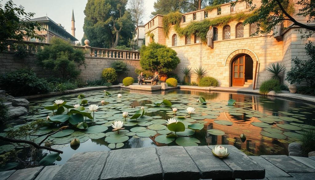 A serene garden oasis amidst the bustling streets of Istanbul, featuring a tranquil pond with floating lotus blossoms. Warm, diffused lighting casts a calming glow, illuminating lush greenery and ancient stone walls that shield from the city's chaos. In the foreground, a stone meditation bench overlooks the idyllic scene, inviting visitors to pause, breathe deeply, and find respite from the urban din. The composition utilizes a wide, cinematic aspect ratio to enhance the sense of peaceful seclusion. Soft, muted colors and a dreamlike, ethereal atmosphere evoke a soothing, restorative mood. A serene garden oasis amidst the bustling streets of Istanbul, featuring a tranquil pond with floating lotus blossoms. Warm, diffused lighting casts a calming glow, illuminating lush greenery and ancient stone walls that shield from the city's chaos. In the foreground, a stone meditation bench overlooks the idyllic scene, inviting visitors to pause, breathe deeply, and find respite from the urban din. The composition utilizes a wide, cinematic aspect ratio to enhance the sense of peaceful seclusion. Soft, muted colors and a dreamlike, ethereal atmosphere evoke a soothing, restorative mood.