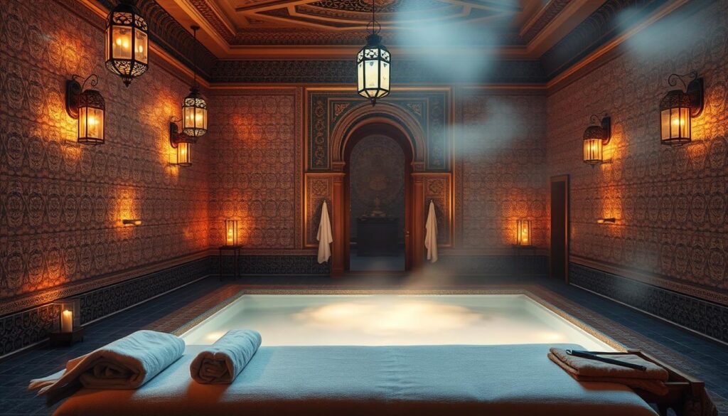 A serene hammam interior, illuminated by soft, diffused lighting from ornate lanterns. Intricate tile patterns adorn the walls, creating a soothing, calming ambiance. In the foreground, a massage table is positioned, with plush towels and aromatic oils nearby, hinting at the restorative treatment to come. The middle ground features a tranquil, steaming pool, surrounded by ornate architectural details that evoke the rich cultural heritage of this traditional spa setting. In the background, a mist-like haze adds to the sense of relaxation and rejuvenation. The overall scene conveys the health benefits of the hammam massage experience, promoting physical and mental wellbeing.