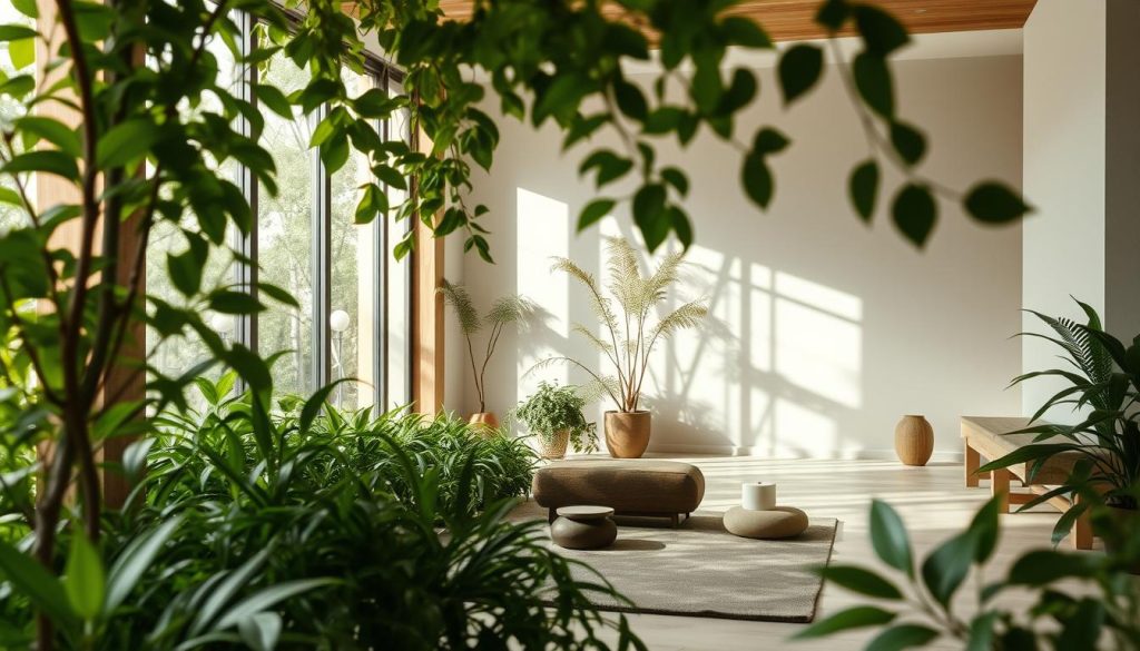 A serene, holistic healthcare setting with a focus on overall wellbeing. Lush, verdant foliage envelops the scene, creating a calming, natural atmosphere. Soft, diffused lighting filters through large windows, illuminating a minimalist, organic-inspired interior design. An airy, open layout features natural materials like wood and stone, promoting a sense of tranquility. Subtle details, such as a meditation cushion or essential oil diffuser, suggest practices for mental, physical, and spiritual balance. The composition conveys a harmonious, restorative environment that embodies the principles of holistic health.