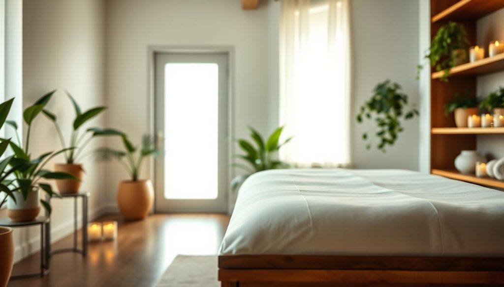 A serene, holistic wellness scene. Soft, diffused natural lighting illuminates a minimalist, zen-inspired interior. In the foreground, a wooden massage table with crisp, white linens invites the viewer to experience a moment of tranquility. Lush, verdant potted plants line the shelves, their leaves gently swaying. Calming aromatherapy candles flicker, casting a warm, soothing glow. The overall atmosphere is one of balance, harmony, and restorative calm - a sanctuary for the mind, body, and spirit.