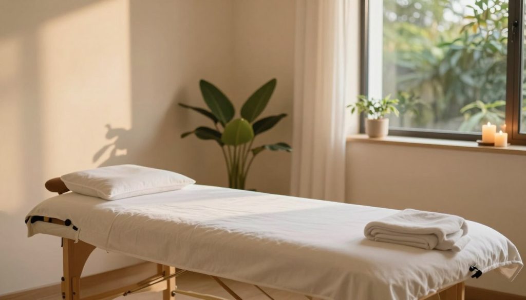 A serene home environment designed for massage therapy, featuring a well-lit room with soft, warm lighting. In the foreground, a massage table is elegantly arranged with clean, comfortable linens, surrounded by soothing elements like candles and essential oil diffusers. In the middle, a peaceful ambiance is enhanced by natural plants and soft, calming colors on the walls. In the background, a window reveals a glimpse of calm greenery outside, allowing gentle sunlight to filter through, creating a warm glow. The overall atmosphere is tranquil and inviting, ideal for relaxation and healing, emphasizing the idea of home-based massage therapy without any human figures present.