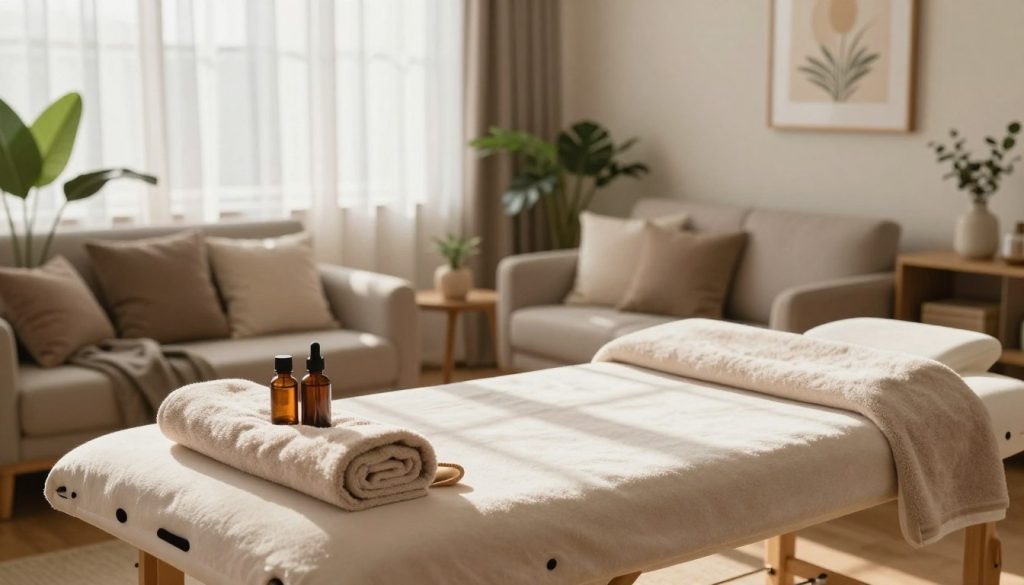 A serene home massage setting, emphasizing comfort and flexibility. In the foreground, a plush massage table adorned with soft towels and aromatic essential oils. The middle ground features a cozy living room with a warm, inviting atmosphere; natural light streams in through sheer curtains, casting gentle shadows. A well-organized space with calming decor, such as plants and soothing artwork, enhances tranquility. In the background, soft pillows and blankets are arranged on a sofa, suggesting a casual, relaxing environment. The color palette is warm, utilizing soft browns and soothing greens to evoke peace. The overall mood is peaceful and rejuvenating, inviting one to unwind and enjoy the luxury of a home massage experience.