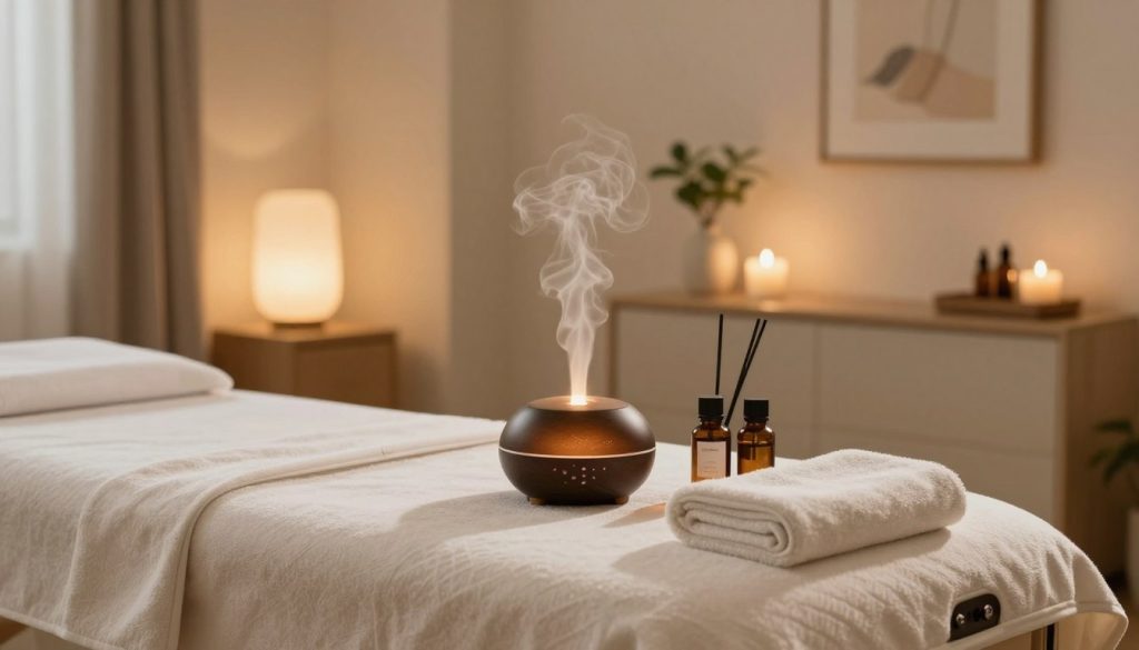 A serene home massage setting emphasizing comfort and hygiene. In the foreground, a plush massage table draped with clean, soft towels. A calming essential oil diffuser emits a gentle mist, surrounded by a few neatly arranged aromatherapy bottles. The middle ground features an elegantly designed, minimalistic room with warm, inviting colors. Soft lighting from strategically placed lamps casts a relaxing glow, creating a tranquil atmosphere. In the background, a tidy, well-organized space with plants and calming artwork enhances the feeling of safety and relaxation. Overall, the image conveys a sense of opulence and care, reflecting the perfect blend of comfort and hygiene in at-home massage services. A serene home massage setting emphasizing comfort and hygiene. In the foreground, a plush massage table draped with clean, soft towels. A calming essential oil diffuser emits a gentle mist, surrounded by a few neatly arranged aromatherapy bottles. The middle ground features an elegantly designed, minimalistic room with warm, inviting colors. Soft lighting from strategically placed lamps casts a relaxing glow, creating a tranquil atmosphere. In the background, a tidy, well-organized space with plants and calming artwork enhances the feeling of safety and relaxation. Overall, the image conveys a sense of opulence and care, reflecting the perfect blend of comfort and hygiene in at-home massage services.