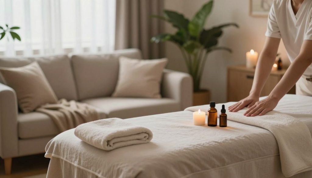 A serene home massage setting featuring a cozy living room environment. In the foreground, a plush massage table draped in soft, neutral-colored linens, set up with aromatic candles and calming essential oils. The middle layer showcases a soothing ambiance, with soft cushions and a blanket on a sofa, along with a few green houseplants for a fresh touch. In the background, a softly lit window with sheer curtains allows natural light to filter in, creating a warm, inviting atmosphere. The overall mood is peaceful and relaxing, reflecting the choice between at-home comfort and a professional salon experience. Use soft, diffused lighting to enhance the tranquility of the scene, with a focus on warm color tones.