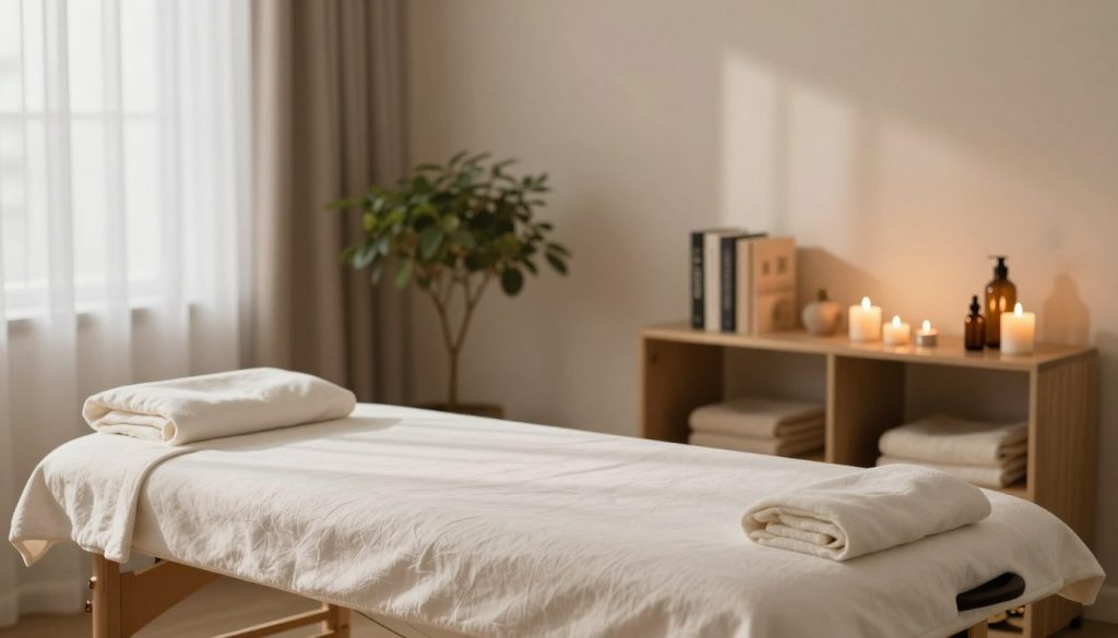 A serene home massage setting, featuring a cozy room with soft lighting and calming colors. In the foreground, a plush massage table adorned with fresh linens and aromatic oils creates an inviting atmosphere. The middle ground showcases a tranquil ambiance with candles gently flickering and potted plants adding a touch of nature. In the background, a simple bookshelf holds wellness books and decorative items, emphasizing relaxation and self-care. The overall mood is peaceful and rejuvenating, with light streaming through sheer curtains, casting gentle shadows in the room. The scene evokes a sense of luxury and comfort, ideal for illustrating the benefits of at-home massage therapy services.