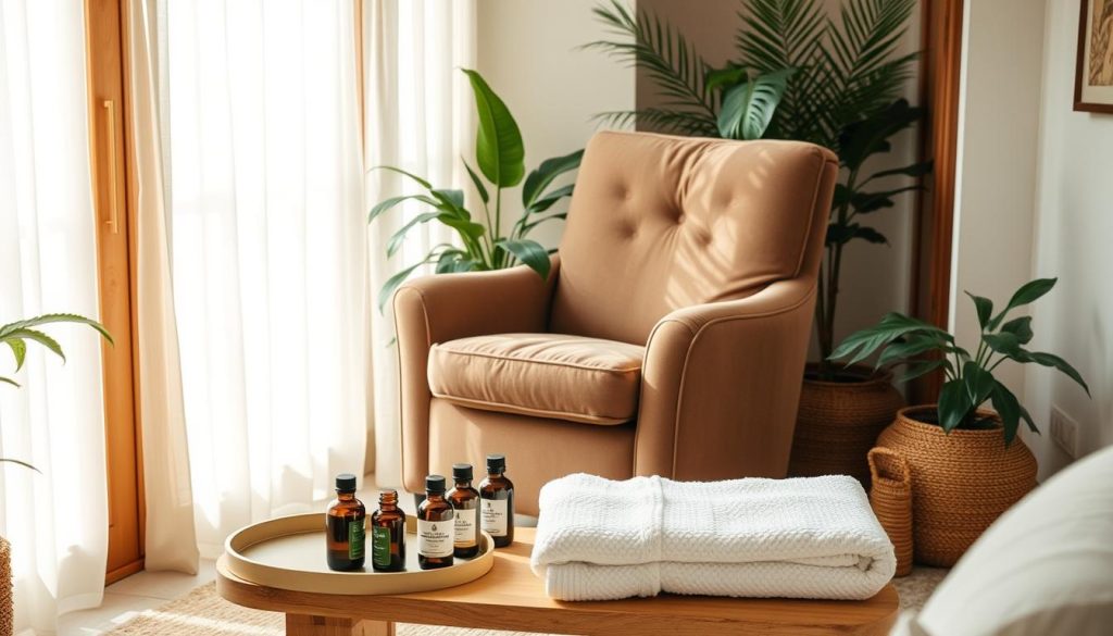 A serene home setting with a plush, oversized armchair positioned in a sunlit corner. Soft, diffused lighting filters through sheer curtains, casting a warm, calming glow. On a low table beside the chair, an array of massage oils, candles, and a fluffy towel create an inviting, spa-like ambiance. The room is decorated with lush, verdant plants and natural wood accents, conveying a sense of tranquility and wellness. The overall scene evokes a peaceful, self-care retreat where one can indulge in the restorative practice of in-home massage.
