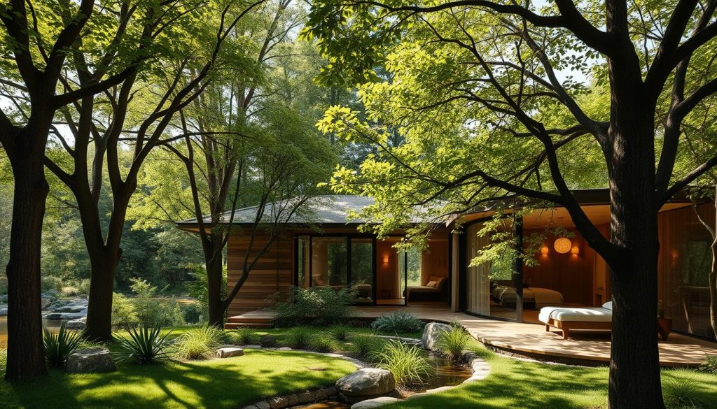 A serene, intimate Şile butik spa nestled in a lush, verdant setting. The exterior features a harmonious blend of natural materials like wood and stone, seamlessly integrated into the surrounding landscape. Tall, elegant trees provide dappled shade, creating a tranquil ambiance. Large windows allow natural light to flood the interior, which is elegantly furnished with plush, minimalist decor. Inviting, cozy massage rooms offer a private oasis for guests to unwind and rejuvenate, while an outdoor terrace overlooking a serene pond or stream sets the stage for a restorative weekend retreat from the bustling city.