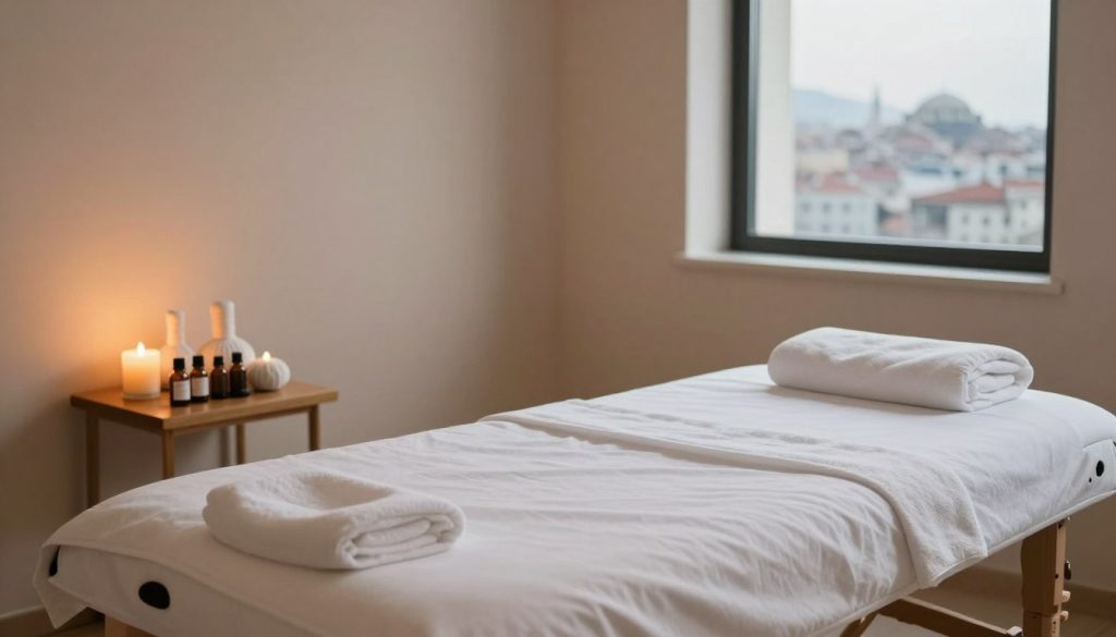 A serene, inviting massage therapy room, emphasizing budget-friendly options, with soft, warm lighting creating a calming atmosphere. The foreground features a neatly arranged massage table with crisp, clean linens and soothing essential oils displayed on a small side table. In the middle, a selection of therapeutic tools like aromatherapy candles and massage stones are artistically arranged, highlighting affordable self-care. The background shows soft, muted colors on the walls, with a peaceful window view overlooking a tranquil cityscape of Istanbul, suggesting accessibility and relaxation. The overall mood is tranquil and welcoming, conveying a sense of affordable luxury without human figures, ensuring a focus on the environment and ambiance of budget-conscious massage experiences.