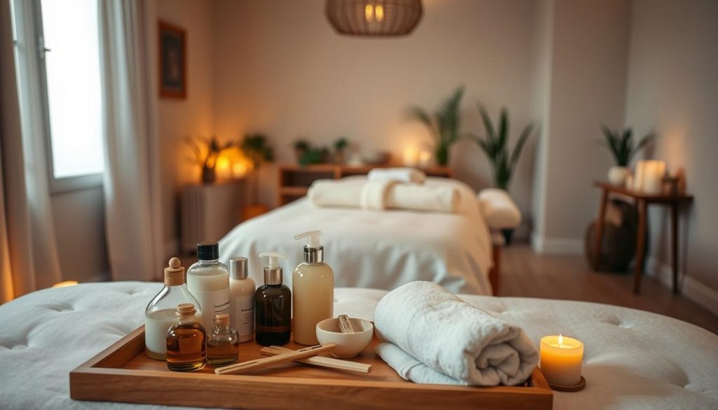 A serene, inviting spa-like setting with dim lighting, soft linens, and soothing aromatherapy candles. The foreground features an array of massage oils, lotions, and tools neatly arranged on a wooden tray. In the middle ground, plush towels and a massage table covered in crisp white sheets, ready to welcome a relaxing experience. The background depicts a calming, minimalist interior with neutral tones and natural elements like potted plants, creating a tranquil atmosphere. The overall scene exudes a sense of anticipation and preparation for a luxurious massage therapy session.