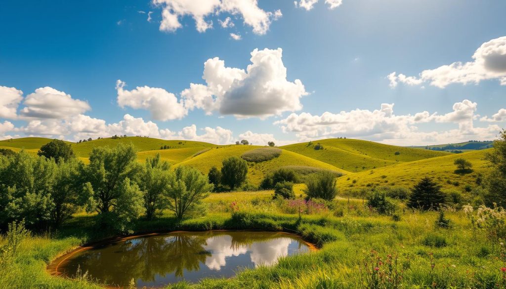 A serene landscape depicting the essence of "Batıyakası doğa deneyim," showcasing vibrant lush greenery, rolling hills, and a peaceful natural retreat. In the foreground, a small, clear pond reflects the surrounding trees and flowers, creating a tranquil atmosphere. The middle ground features gently sloping hills dotted with wildflowers and native plants, emphasizing the connection between urban living and nature. In the background, a bright blue sky interspersed with fluffy white clouds casts warm natural light over the scene, enhancing the feeling of renewal and escape. The overall mood is calm and rejuvenating, inviting viewers to contemplate a harmonious relationship with nature amidst city life.