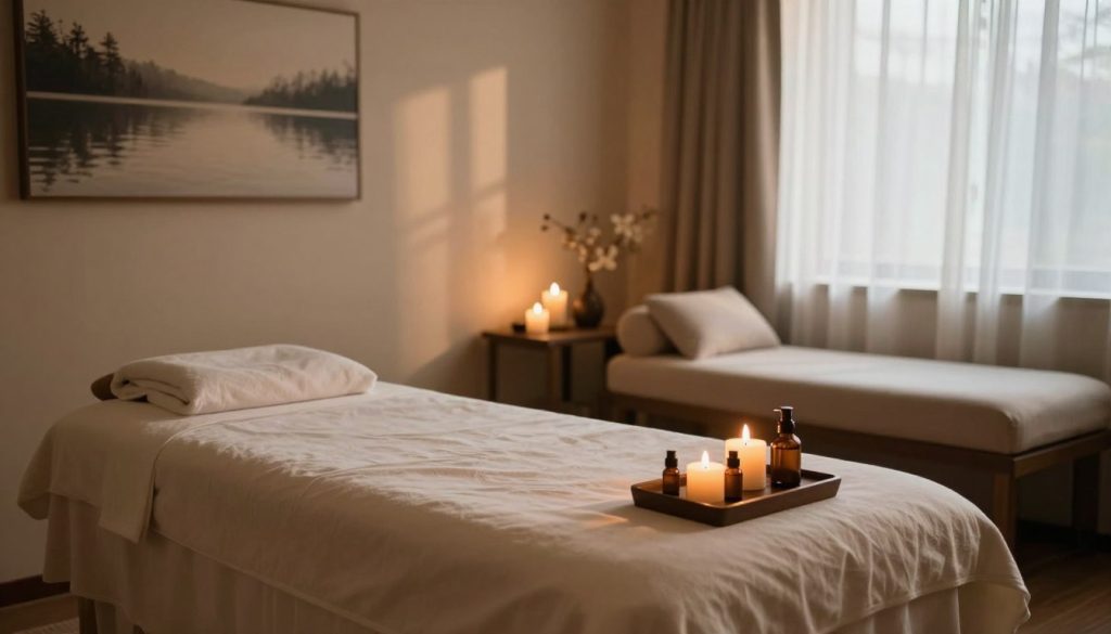 A serene, luxurious massage therapy room designed to evoke a sense of relaxation and tranquility. In the foreground, a beautifully arranged massage table with plush linens, aromatic candles emitting a soft, warm glow, and essential oils placed neatly beside it. The middle ground features elegant decor, including soothing wall art that reflects calm water themes and comfortable seating. In the background, a softly lit window allowing natural light to filter through sheer curtains, casting gentle shadows across the room. The atmosphere is peaceful and inviting, emphasizing themes of quality service and customer satisfaction in the massage experience. The overall lighting is warm and soft, creating a soothing environment.