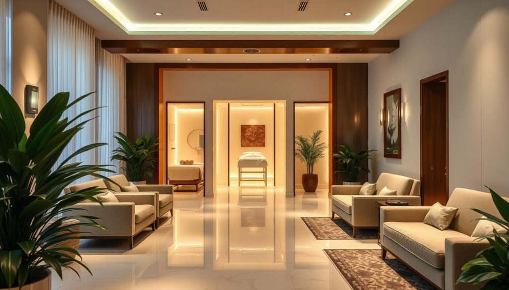 A serene, luxurious spa interior showcasing the finest massage therapy centers in Istanbul. Soft, warm lighting illuminates a spacious, elegant reception area with plush seating and lush greenery. In the background, glimpses of private treatment rooms offer a tranquil, calming ambiance. The scene exudes an atmosphere of relaxation and rejuvenation, inviting the viewer to experience the exceptional massage services that make these Istanbul establishments the most sought-after in the city.