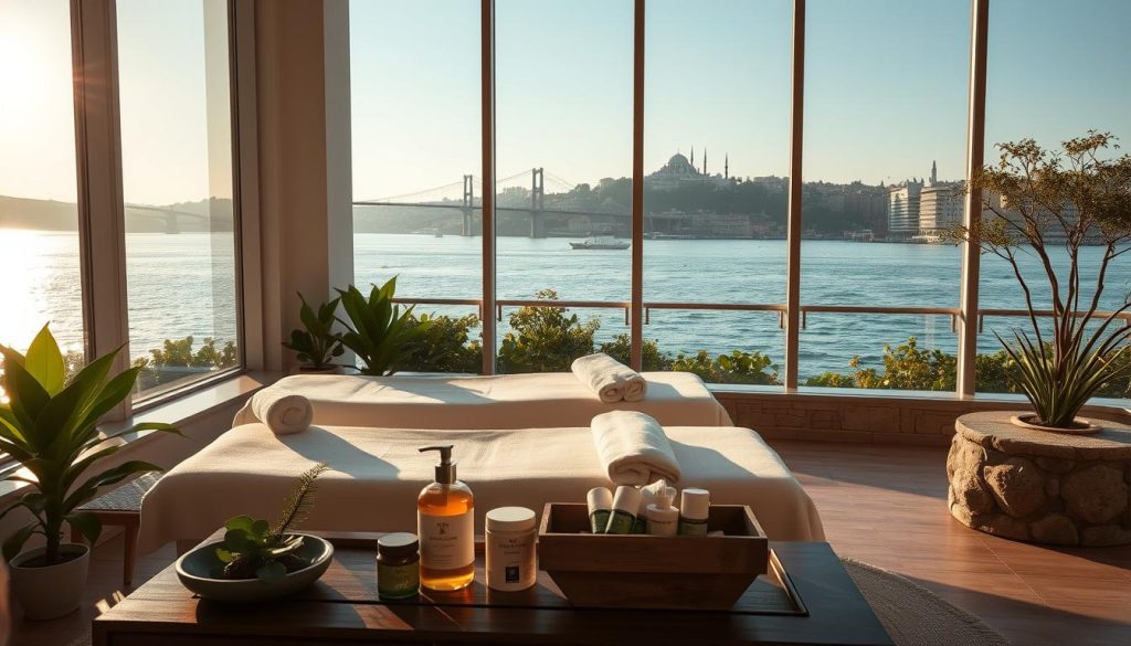 A serene, luxurious spa nestled along the picturesque Bosphorus coast of Istanbul. Sunlight filters through large windows, casting a warm glow on the minimalist, zen-inspired interior. Plush white massage tables are positioned to offer breathtaking views of the Bosphorus Strait and its iconic bridges. Lush greenery and natural stone accents create a soothing, nature-inspired ambiance. Soft lighting and the gentle lapping of waves evoke a sense of tranquility and relaxation. A table in the foreground holds an array of organic, aromatherapy-infused bath products. In the distance, the silhouettes of historic Ottoman palaces and modern skyscrapers dot the horizon, blending the old and new.