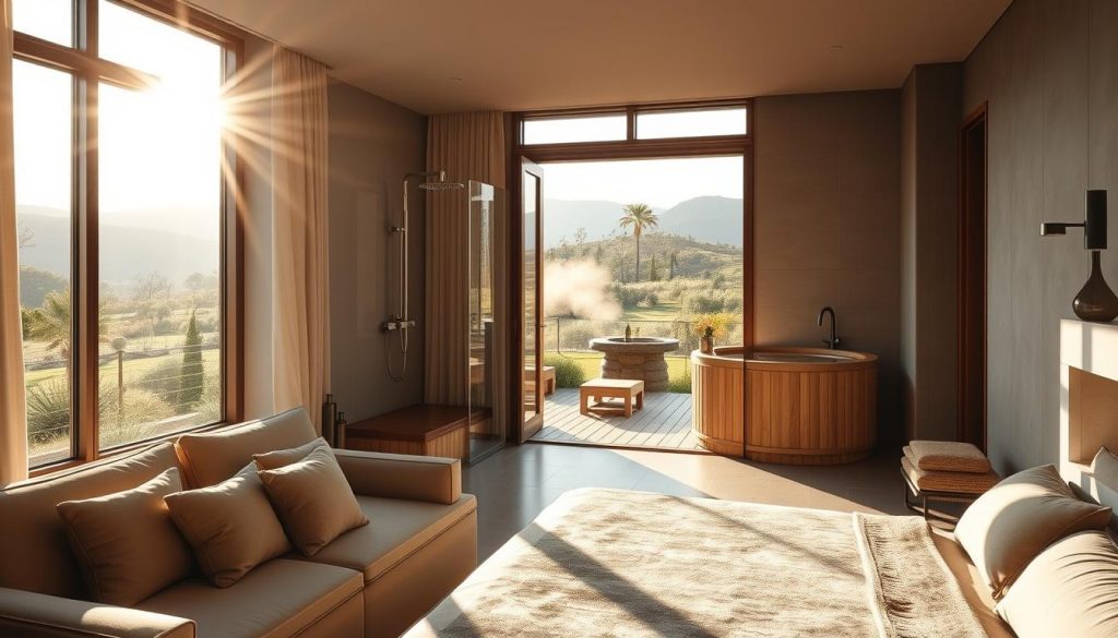 A serene, luxurious spa retreat nestled in the tranquil Anatolian hills. Sunlight filters through large windows, casting a warm glow over plush, high-end furnishings. Soft textures of velvet and natural wood create a soothing, elegant ambiance. A sleek, modern glass-enclosed shower stands in the corner, steam rising from the rainfall showerhead. The room opens to a private balcony overlooking a manicured garden, where a wooden hot tub beckons for a relaxing soak. Muted tones of beige, gray, and gold evoke a sense of refined sophistication. This is a premium, peaceful experience catered to those seeking the finest in relaxation and indulgence.