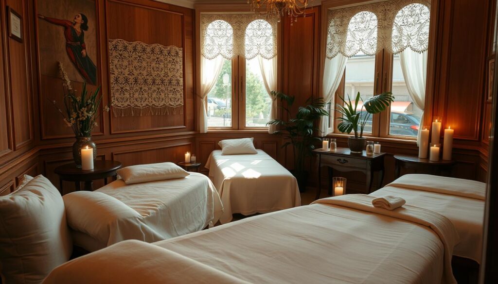 A serene massage parlor nestled in the heart of historic Istanbul, with plush cushions, scented candles, and a tranquil ambiance. Soft, natural lighting filters through lace-trimmed windows, casting a warm glow over the serene treatment rooms. Elegant wood-paneled walls and polished floors create a refined, luxurious atmosphere. Skilled masseuses ready to offer a range of therapeutic massages, from traditional Turkish techniques to soothing aromatherapy. A calming oasis amid the bustling streets, inviting visitors to indulge in a moment of relaxation and rejuvenation.
