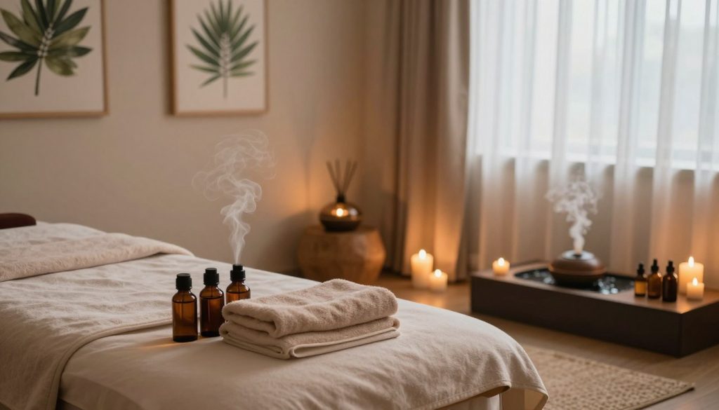 A serene massage room featuring luxurious deep tissue and aromatherapy elements. In the foreground, a plush massage table adorned with soft towels and essential oil bottles. The middle showcases a softly lit ambiance with candles flickering, casting warm shadows. Essential oil diffusers emit a gentle mist, filling the air with calming scents. The background reveals tranquil decorations like botanical artwork and soothing colors, creating a peaceful atmosphere. Soft natural light filters through sheer curtains, enhancing the calming mood. Include details like a textured rug underfoot and a gentle water feature for a more immersive experience. The overall composition should evoke relaxation and therapeutic serenity, emphasizing the essence of deep tissue and aromatherapy massages without any human presence. A serene massage room featuring luxurious deep tissue and aromatherapy elements. In the foreground, a plush massage table adorned with soft towels and essential oil bottles. The middle showcases a softly lit ambiance with candles flickering, casting warm shadows. Essential oil diffusers emit a gentle mist, filling the air with calming scents. The background reveals tranquil decorations like botanical artwork and soothing colors, creating a peaceful atmosphere. Soft natural light filters through sheer curtains, enhancing the calming mood. Include details like a textured rug underfoot and a gentle water feature for a more immersive experience. The overall composition should evoke relaxation and therapeutic serenity, emphasizing the essence of deep tissue and aromatherapy massages without any human presence.