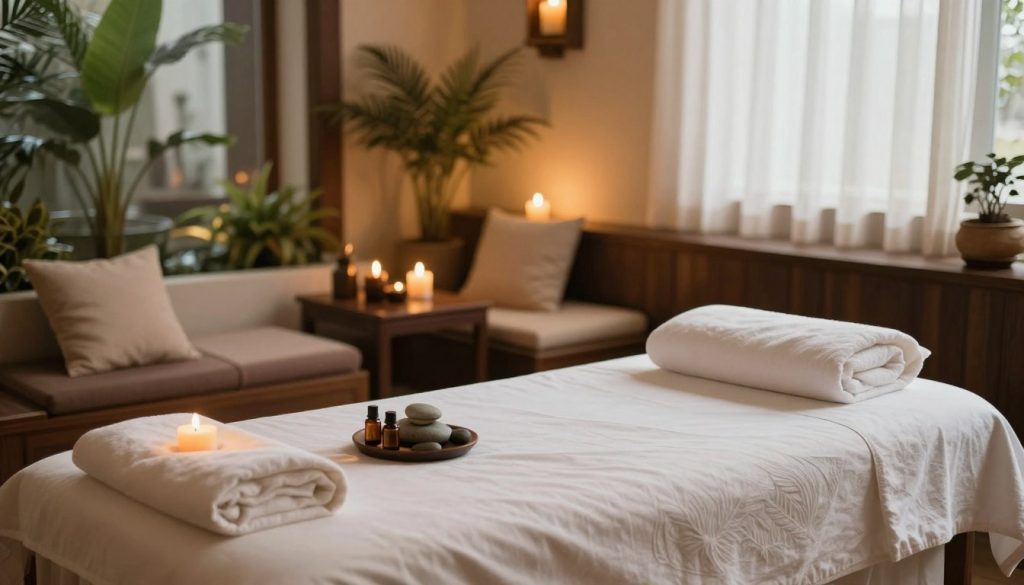 A serene massage spa environment in Istanbul, showcasing a tranquil space designed for relaxation. In the foreground, a beautifully arranged massage table with soft, white linens and aromatic candles flickering gently. Essential oils and natural stones are placed artistically nearby, evoking a sense of calm. The middle features soft, warm lighting illuminating plush cushions and dark wood accents, creating an inviting atmosphere. In the background, soft-focus images of lush indoor plants and delicate water features enhance the spa ambiance. The overall mood is peaceful and rejuvenating, embodying the essence of a traditional Turkish massage experience. Natural light filters in through elegant curtains, adding a gentle glow to the scene, evoking feelings of serenity and well-being.
