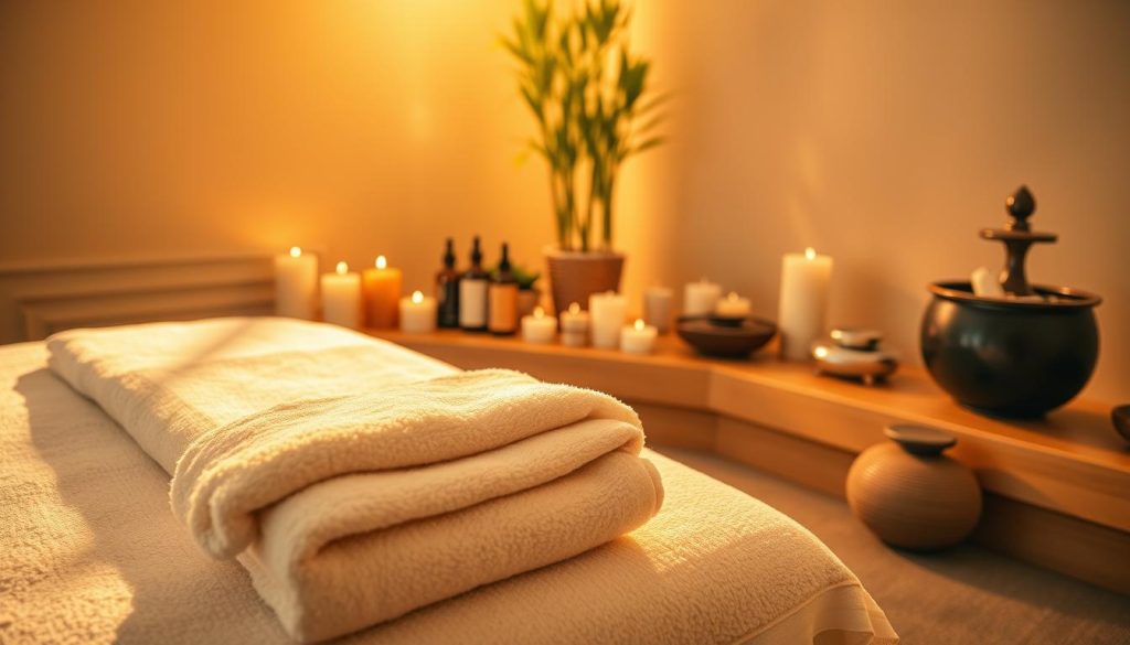 A serene massage studio bathed in warm, golden lighting. On the foreground, a table draped with soft, plush towels, inviting the viewer to imagine the soothing experience. In the middle ground, an array of massage oils, candles, and tools, each carefully arranged to create a harmonious, calming atmosphere. The background features soothing natural elements, such as a bamboo plant or a tranquil water feature, further enhancing the sense of relaxation. The overall mood is one of tranquility, inviting the viewer to immerse themselves in the restorative power of various massage techniques.