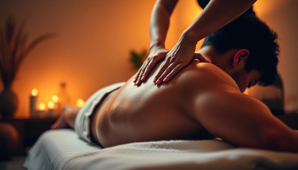 A serene massage studio, bathed in warm, soft lighting. A massage therapist's skilled hands gently kneading the muscles of a professional athlete's back, relieving tension and restoring mobility. The scene exudes a sense of tranquility and healing, with natural textures and soothing colors creating a calming atmosphere. The camera's angle captures the intricate movements and techniques, showcasing the expertise and care involved in this specialized sports massage therapy.