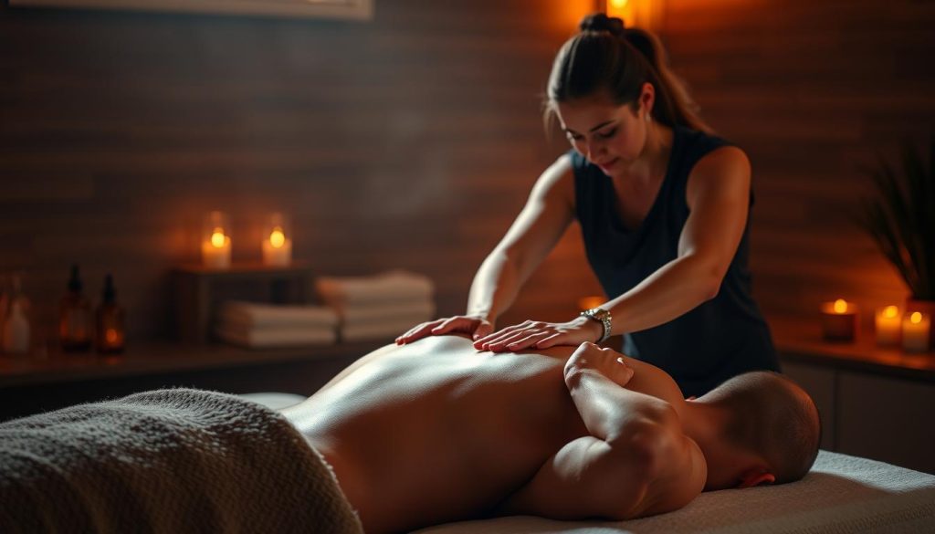 A serene massage studio, dimly lit with warm hues. A professional massage therapist's skilled hands gently kneading the tense muscles of a muscular, athletic body. Soothing essential oils permeate the air, creating a calming ambiance. Soft, diffused lighting casts a tranquil glow, highlighting the therapist's focused expression and the client's state of relaxation. The scene exudes a sense of rejuvenation and restoration, capturing the essence of sports massage therapy.