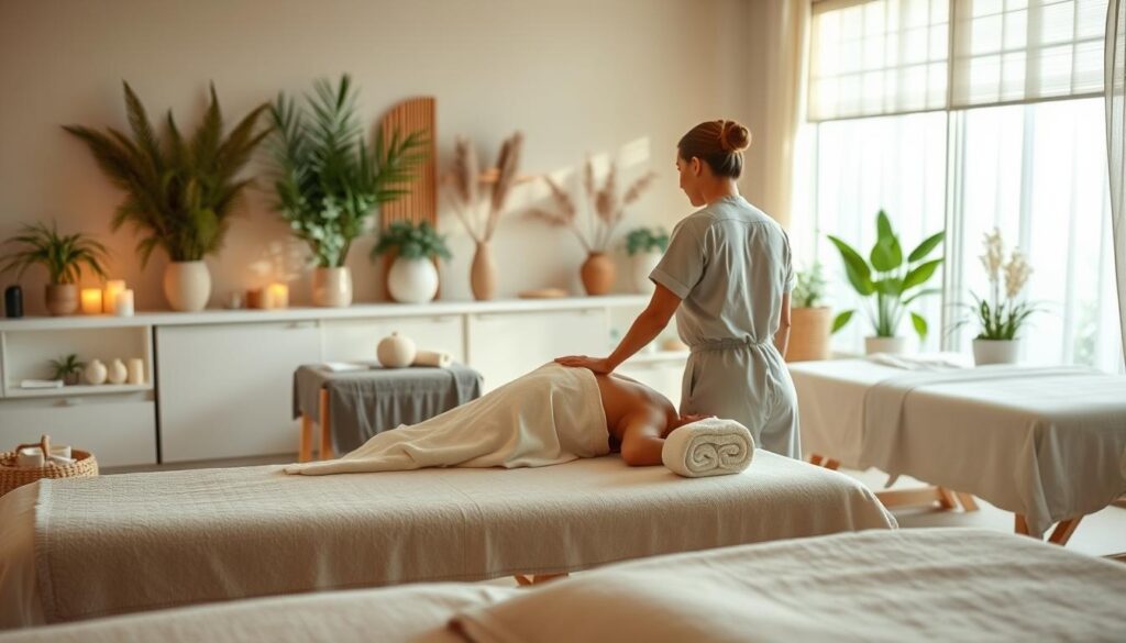 A serene massage studio filled with natural light, therapeutic essences, and plush massage tables. A single therapist, dressed in calming attire, attentively administers a customized massage to a single client, their face obscured for privacy. The lighting is soft and warm, creating a soothing, spa-like ambiance. The background features tranquil, nature-inspired decor, such as potted plants, soft textiles, and natural wood accents, conveying a sense of relaxation and well-being. The scene captures the individualized, tailored experience of a private massage session, highlighting the advantages of personalized care and attention.